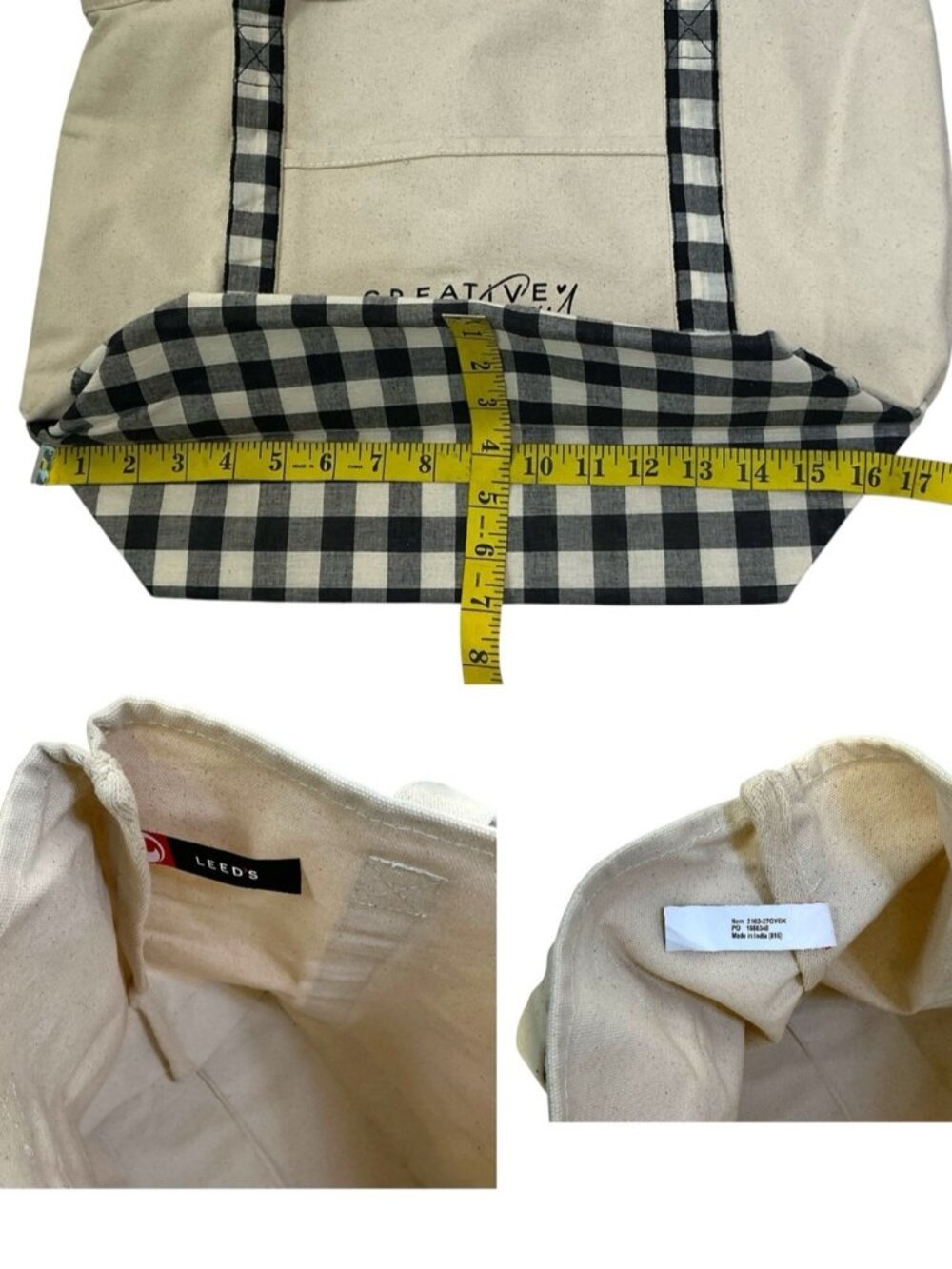 Large Tote Heavyweight Canvas Black White Neutral Tan Gingham Buffalo Plaid - Picture 6 of 16